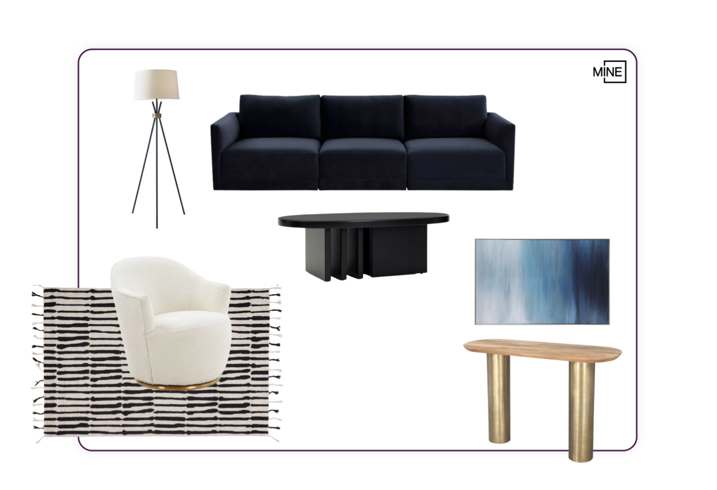 Collage of a living room set with a couch, standing lamp, coffee table, rug, chair, stand, and wall art